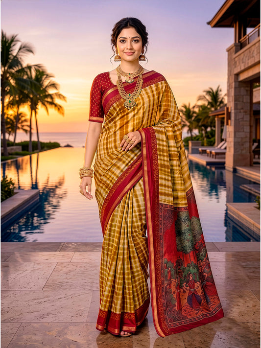 Monalisa - Yellow Printed Liva Cotton Silk Saree
