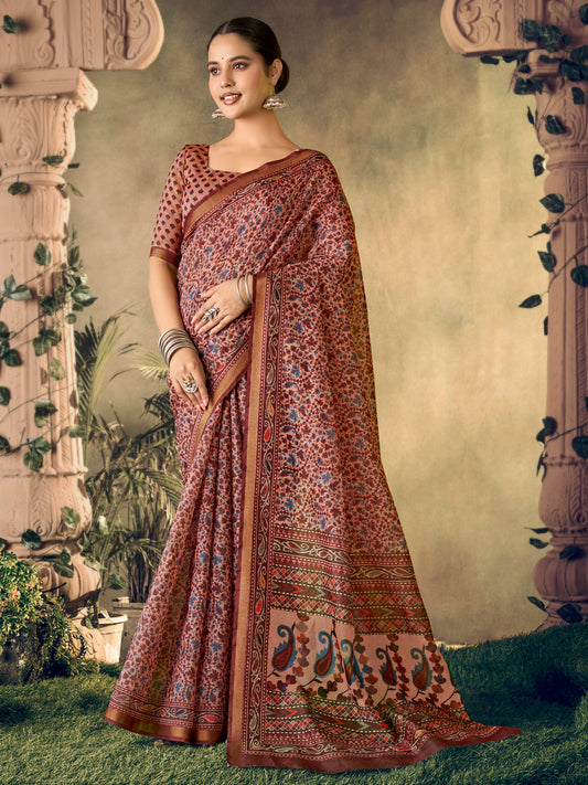 Amrapali - Pink Chanderi Cotton Digital Printed Saree with Zari Border