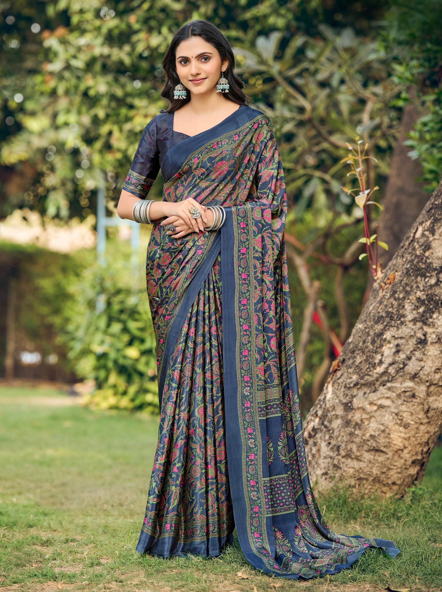Rajkala - Navy Blue Printed Crepe Silk Saree