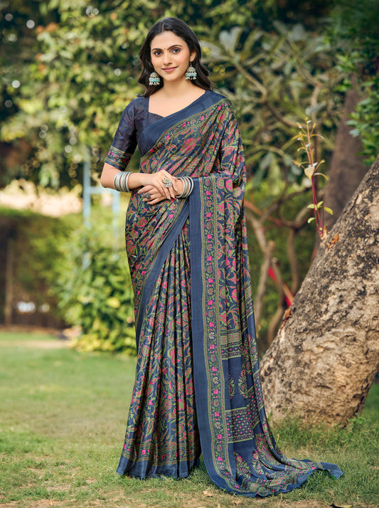 Rajkala - Navy Blue Printed Crepe Silk Saree
