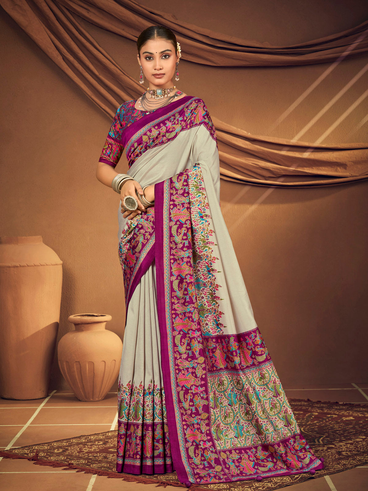 Kumuda - Light Grey Mysore Silk Jari Printed with Tessals
