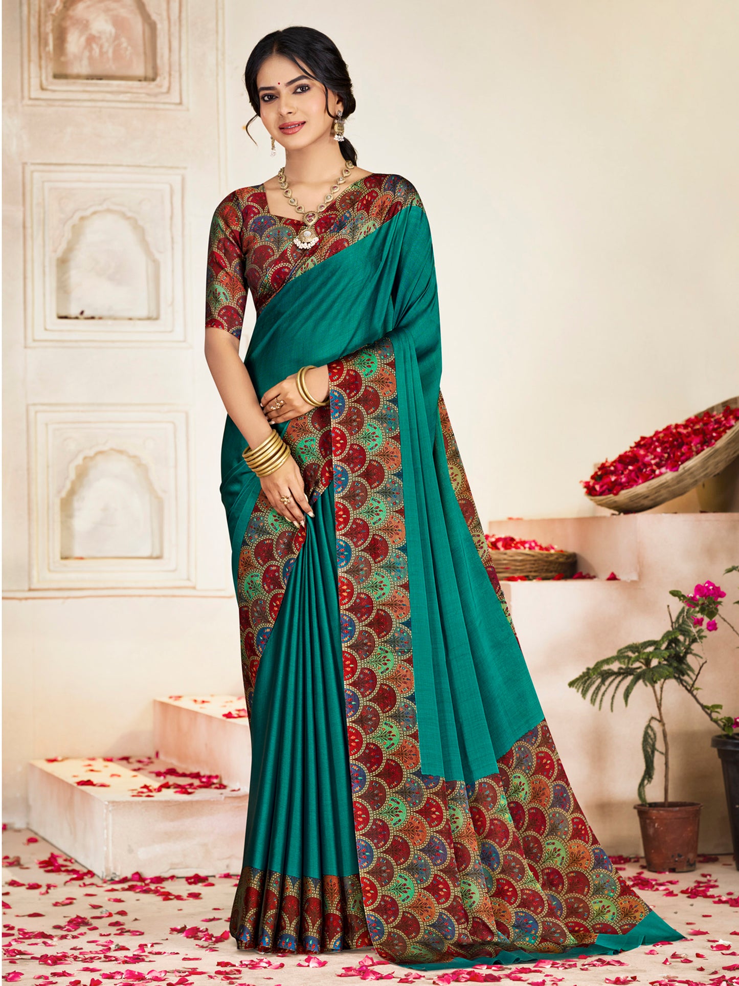 Ekvarna - Teal Printed Chiffon Saree
