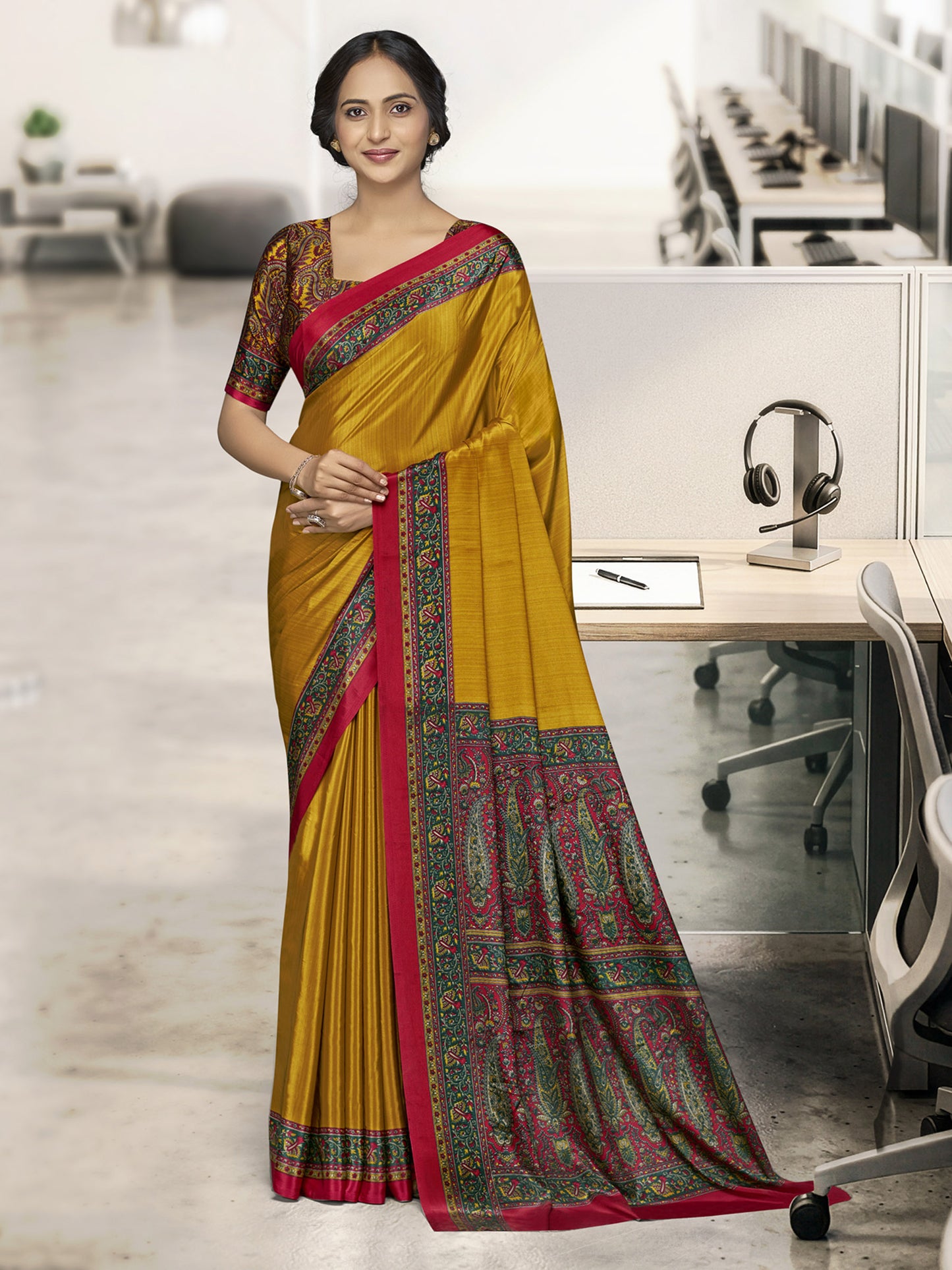 Chitrika - Yellow Printed Crepe Silk Saree