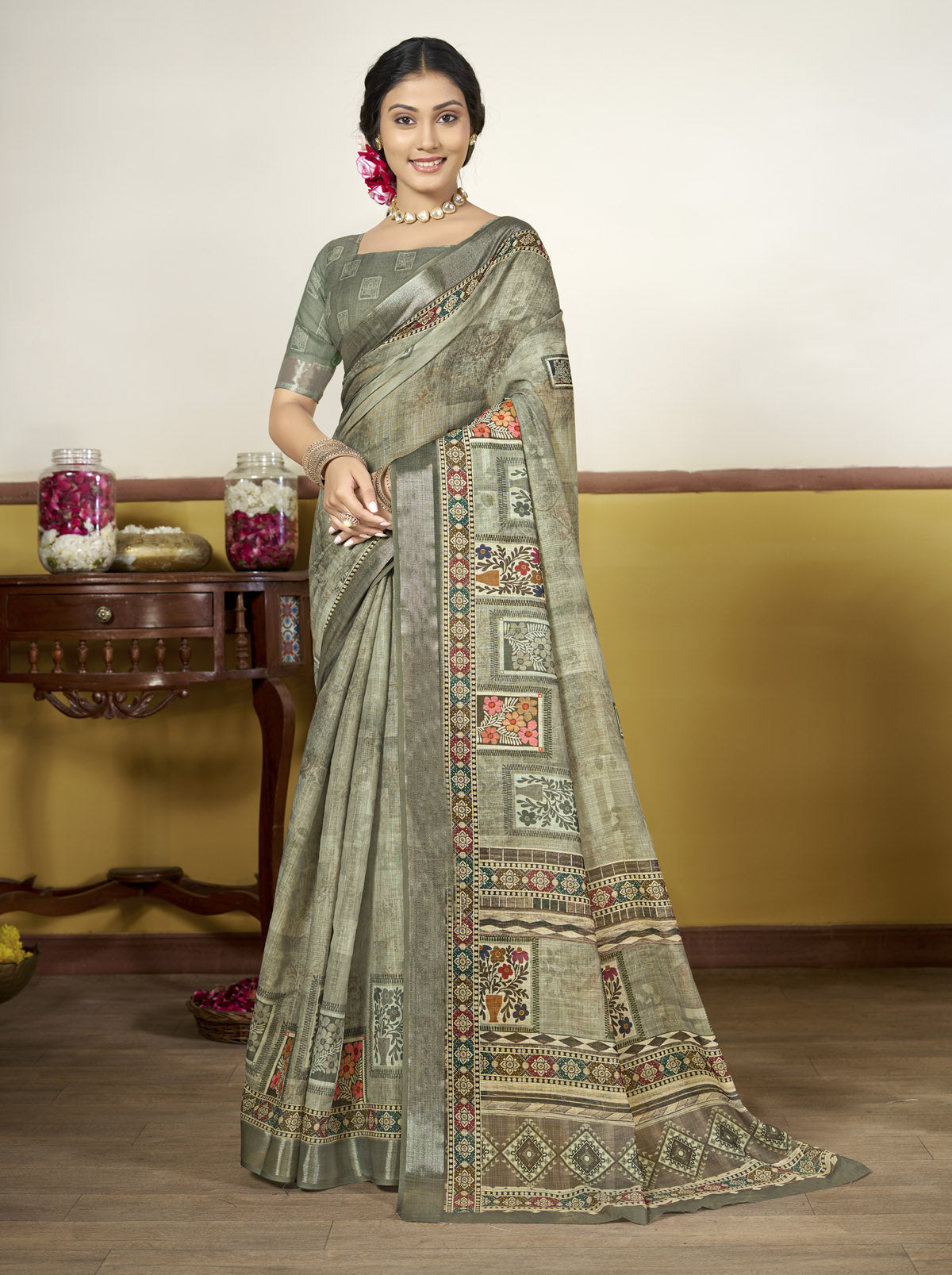 Rachna - Sea Green Linen Digital Print Saree with Woven Border