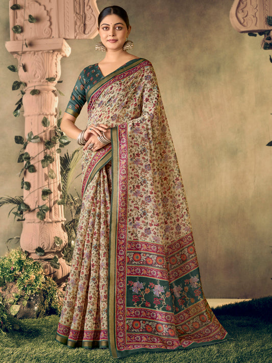 Amrapali - Cream Chanderi Cotton Digital Printed Saree with Zari Border
