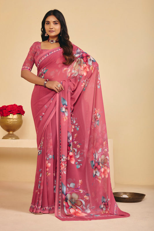 Twisha - Rose Brown Georgette Digital Printed Saree