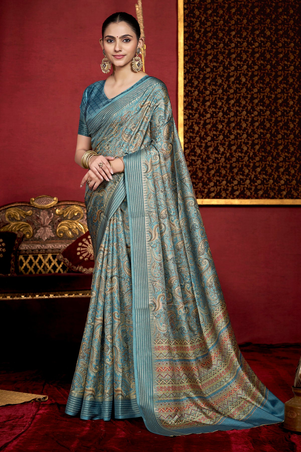 Veera - Blue Soft Silk Digital Printed Saree with Woven Border