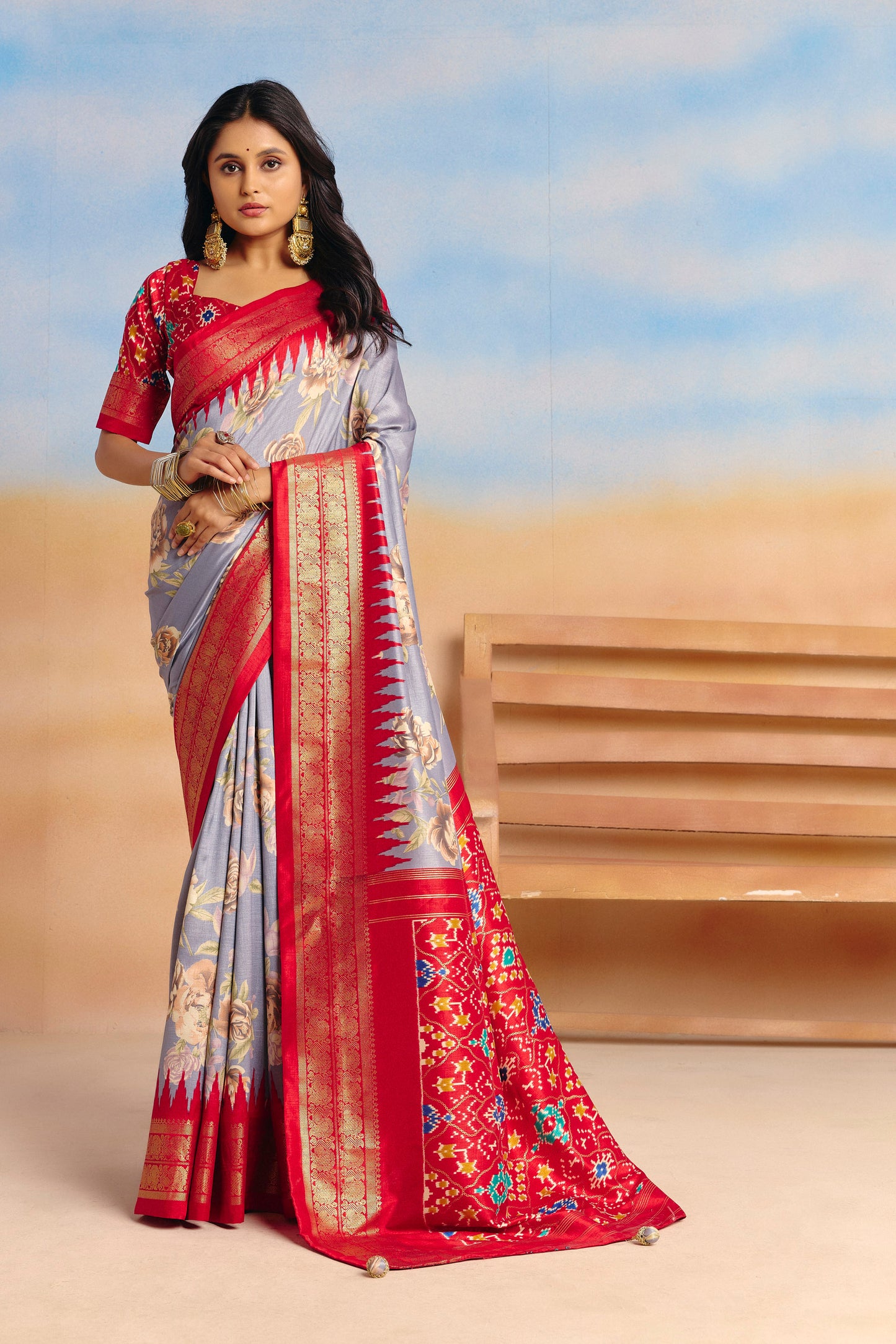 Rangrekha - Grey Floral Printed Soft Silk Saree