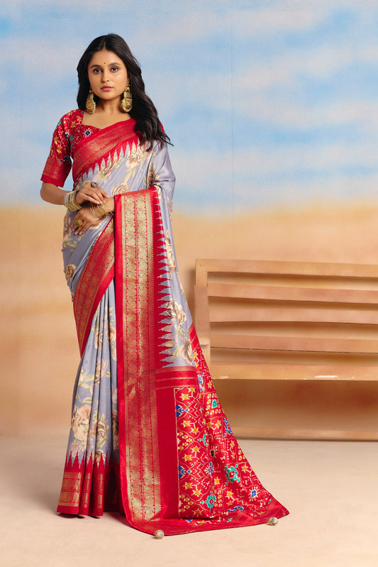 Rangrekha - Grey Floral Printed Soft Silk Saree