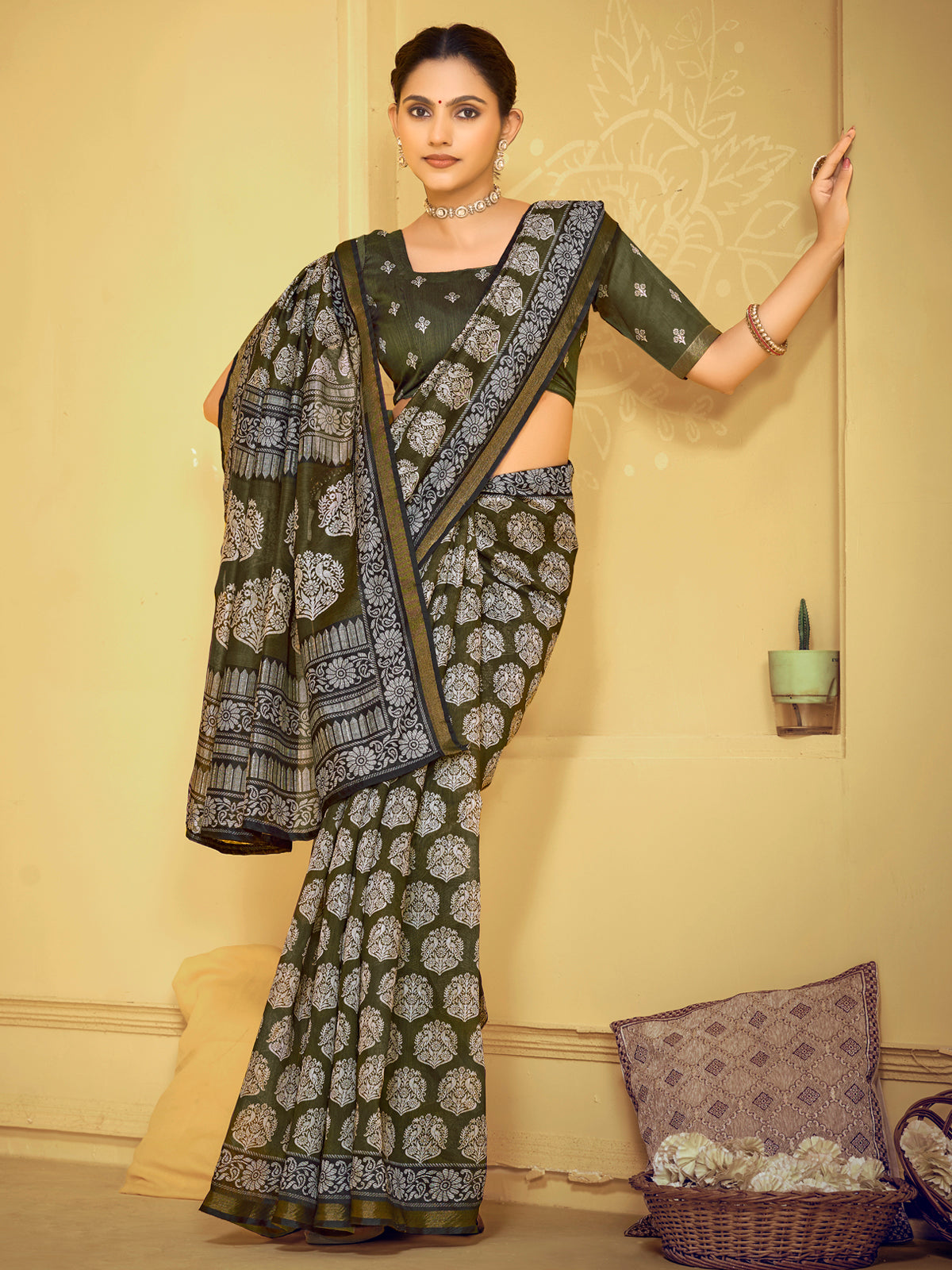 Amrapali - Olive Garden Chanderi Cotton Digital Printed Saree with Zari Border