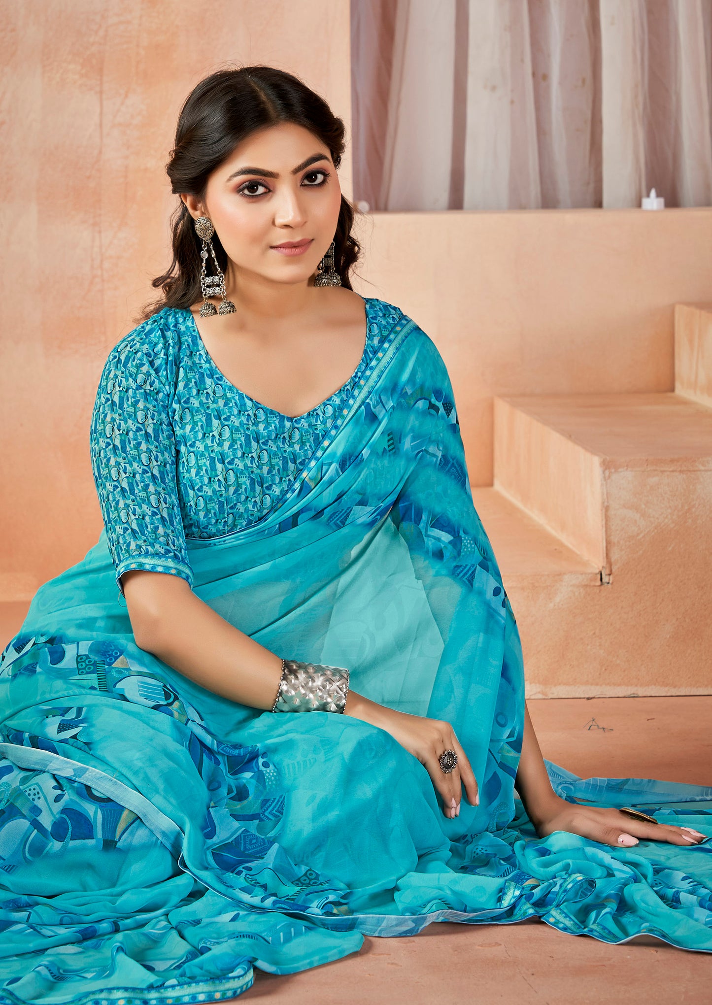 Sumedha - Sky Blue Digital Printed Georgette Saree