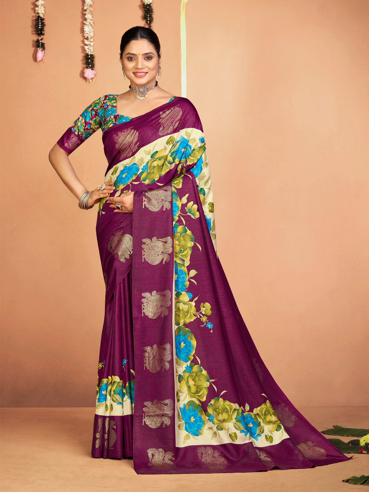 Rajkumari - Purple Printed Soft Silk Saree with Silk Foil Work