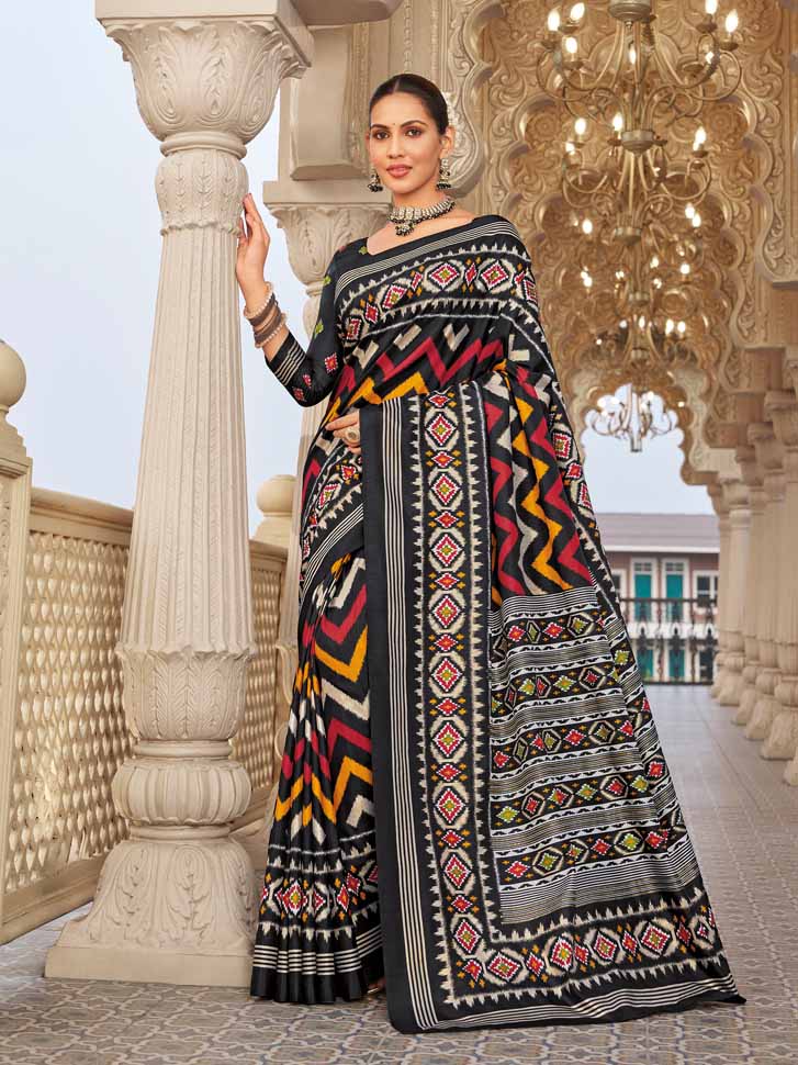Gulmarg - Black Silk Digital Printed Saree with Zari Border