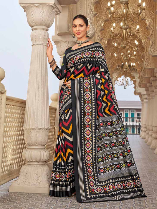 Gulmarg - Black Silk Digital Printed Saree with Zari Border