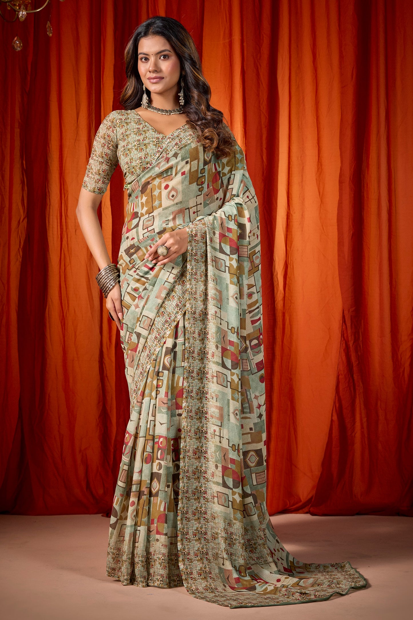 Shraddha - Green Georgette Digital Printed Saree