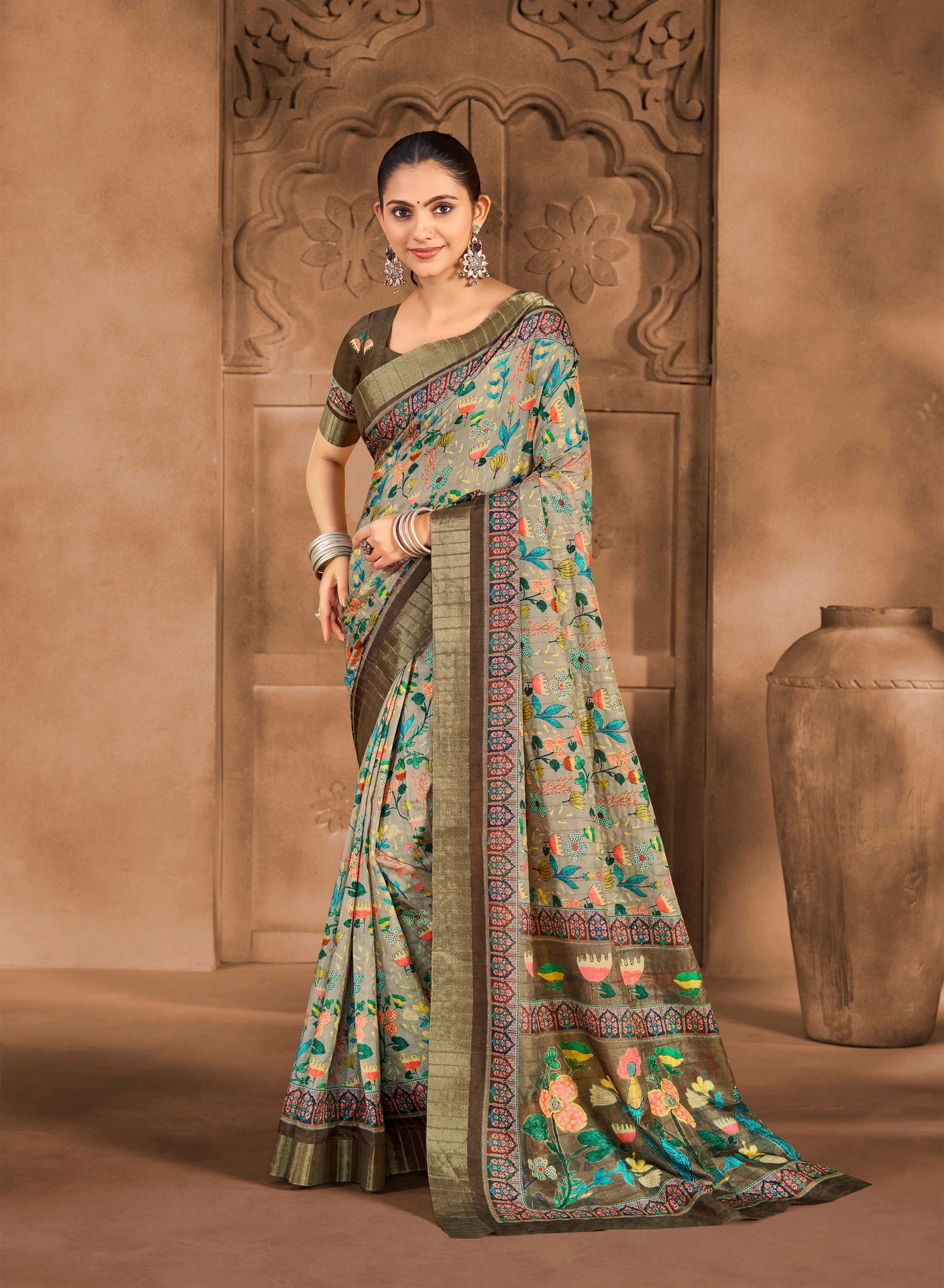 Devsena – Peach Silk Digital Print Saree