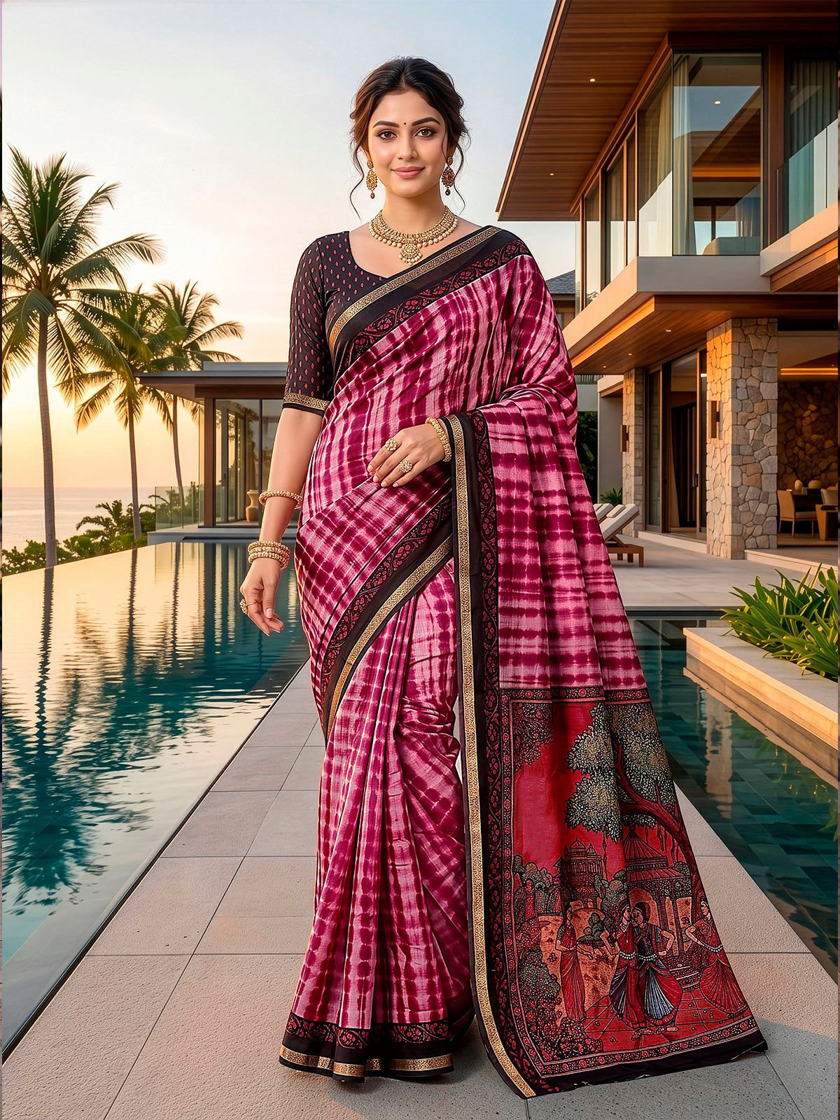 Monalisa - Pink Printed Liva Cotton Silk Saree