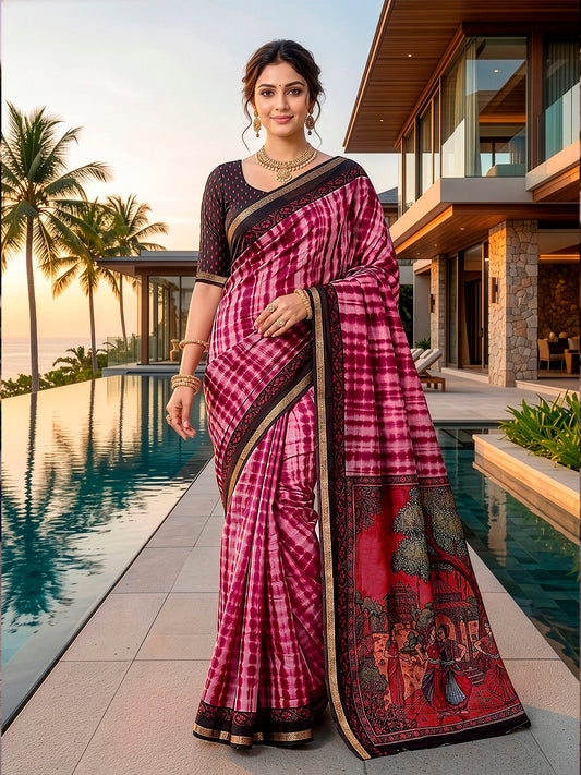 Monalisa - Pink Printed Liva Cotton Silk Saree