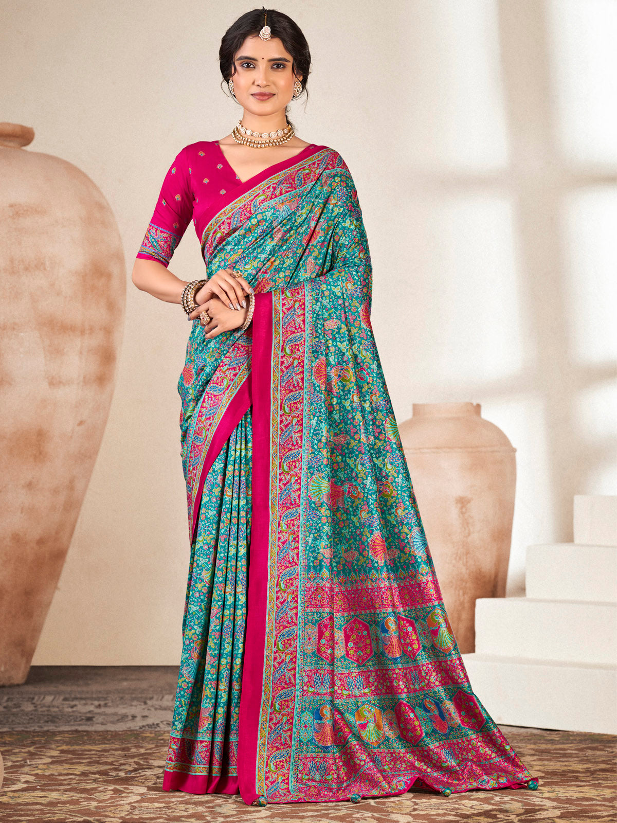 Kumuda - Teal Mysore Silk Jari Printed with Tessals