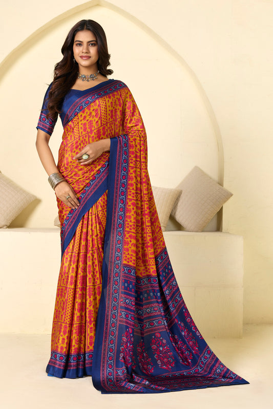 Rajkala - Yellow Floral Printed Crepe Silk Saree