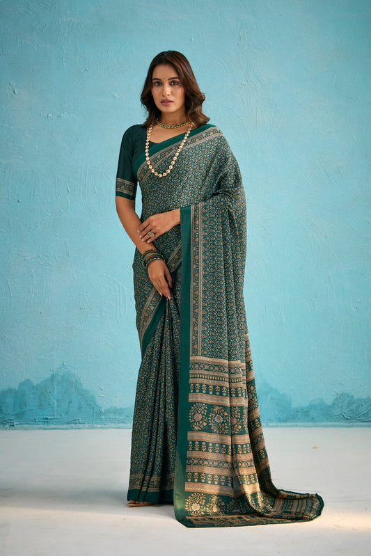 Rajkala - Black Floral Printed Crepe Silk Saree