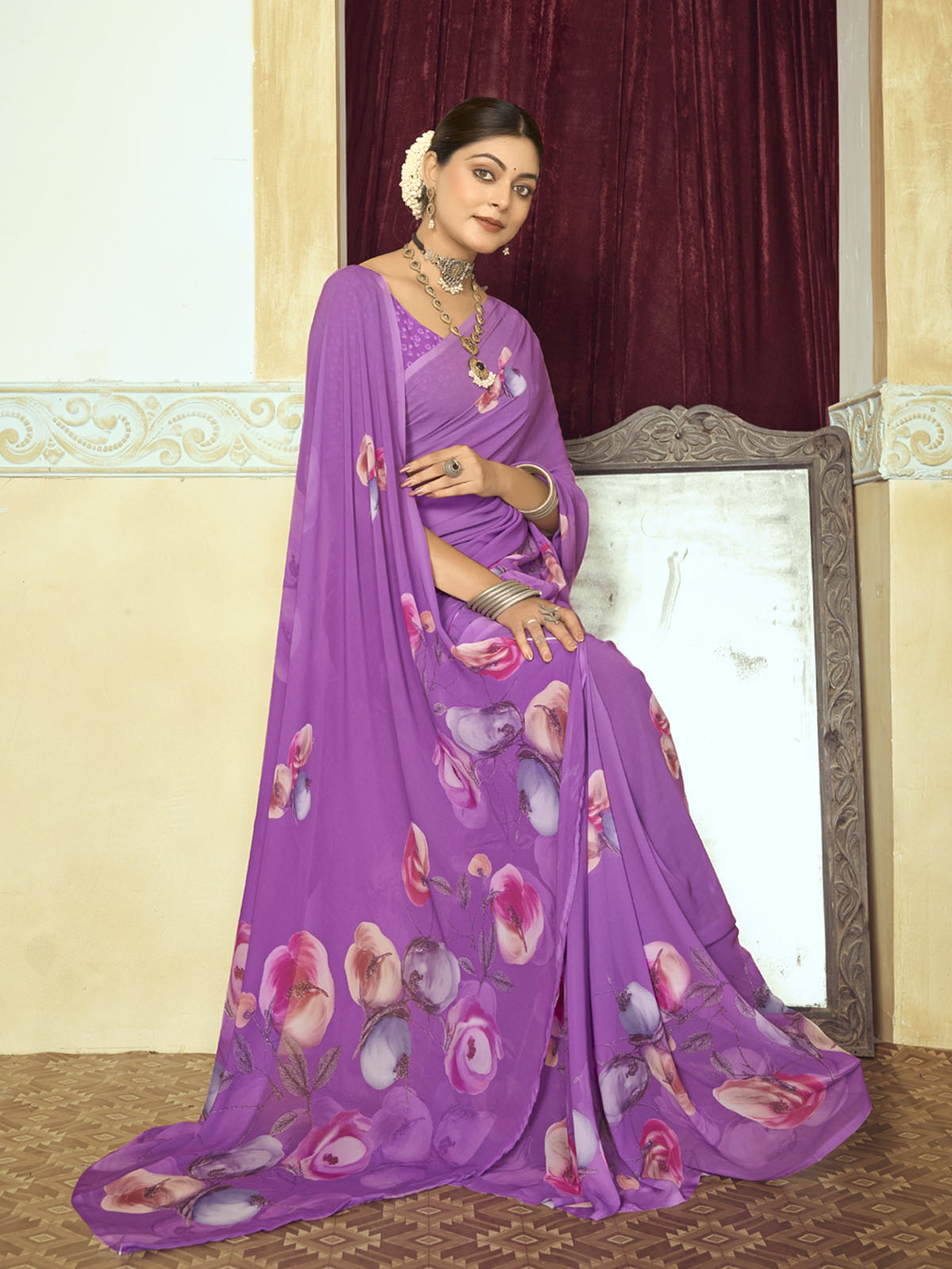 Riddhi - Purple Georgette Floral Digital Printed Saree