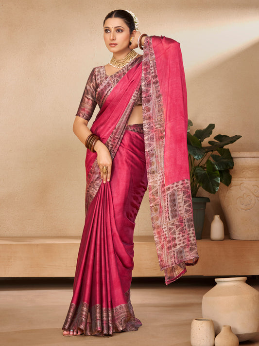 Ekvarna - Pink Printed Chiffon Saree