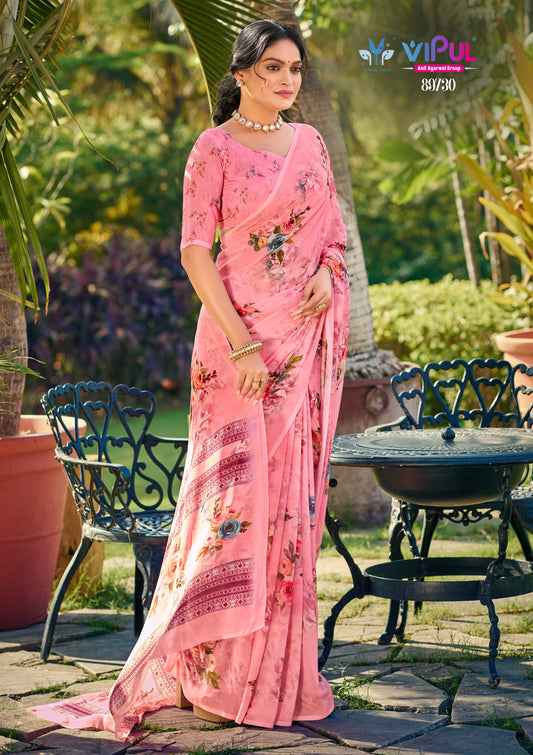 Riddhi - Baby Pink Georgette Floral Digital Printed Saree