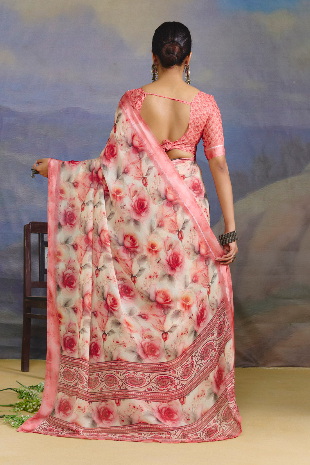 Samriddhi - Pink Moss Georgette Digital Print Saree with Satin Patta Border