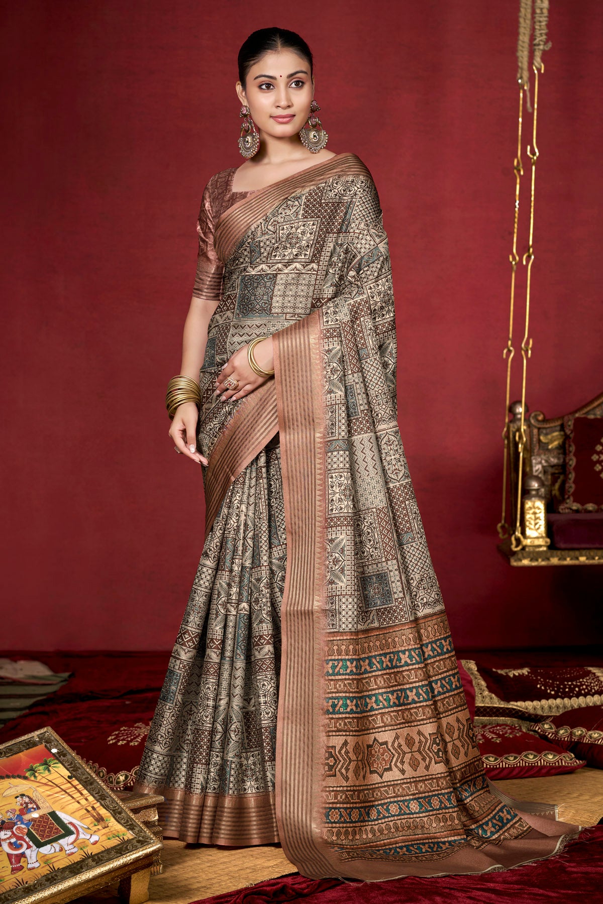Veera - Bronze Soft Silk Digital Printed Saree with Woven Border