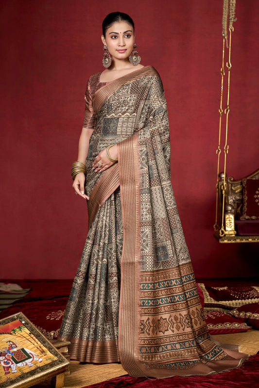 Veera - Bronze Soft Silk Digital Printed Saree with Woven Border