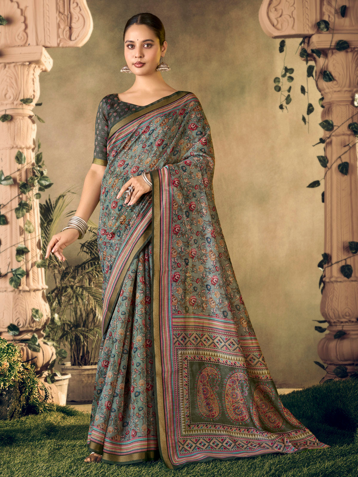 Amrapali - Grey Chanderi Cotton Digital Printed Saree with Zari Border