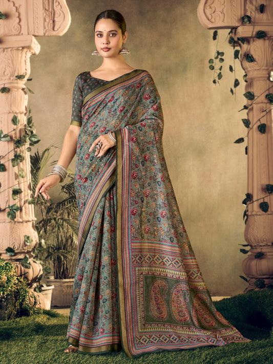 Amrapali - Grey Chanderi Cotton Digital Printed Saree with Zari Border