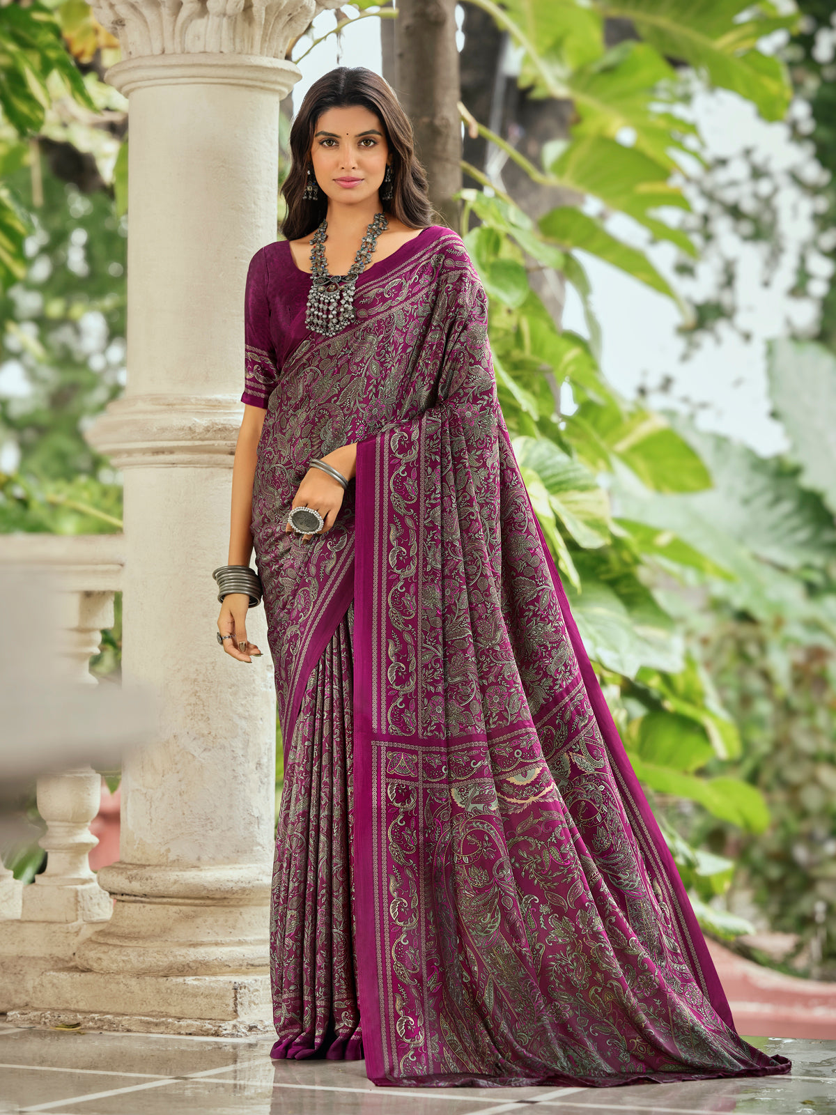 Rajkala - Purple Printed Crepe Silk Saree