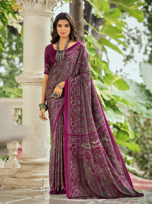 Rajkala - Purple Printed Crepe Silk Saree