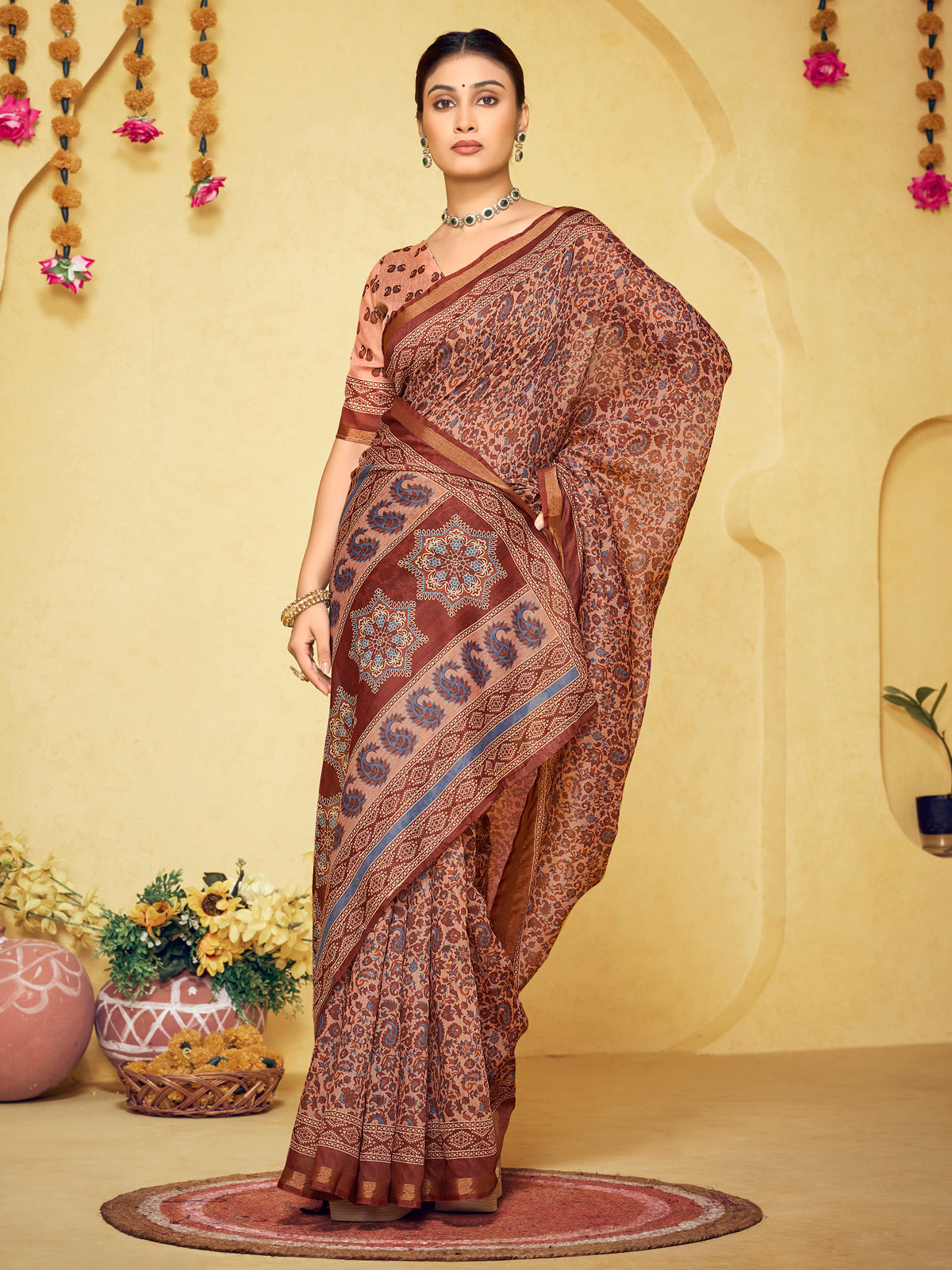 Amrapali - Peach Chanderi Cotton Digital Printed Saree with Zari Border