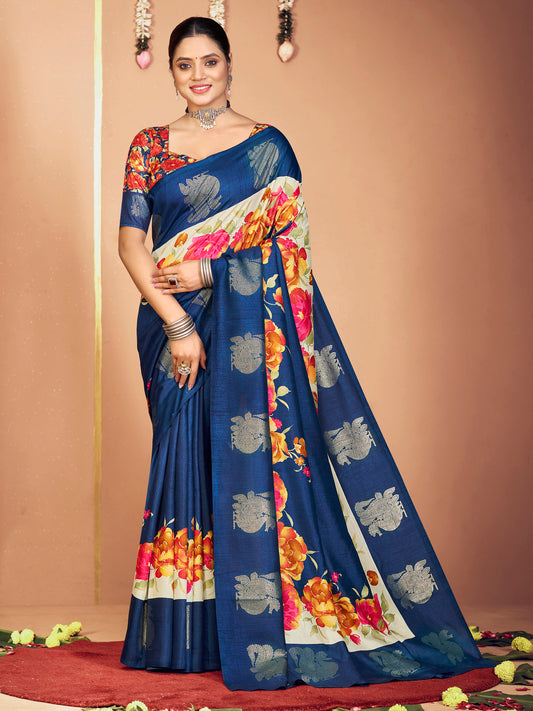 Rajkumari - Blue Printed Soft Silk Saree with Silk Foil Work