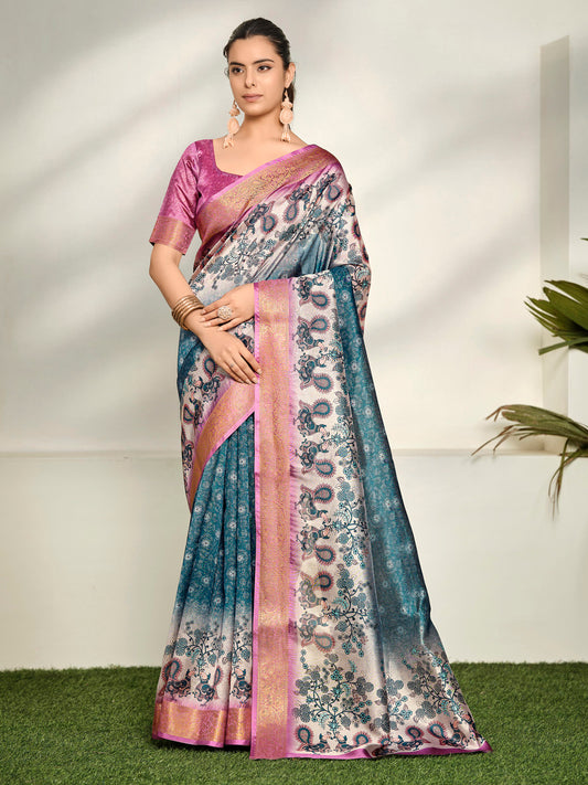 Varnika - Steel Blue Digital Printed Moss Georgette Saree with Woven Border