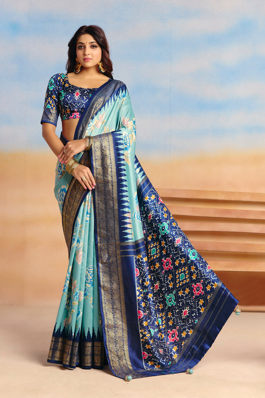 Rangrekha - Teal Floral Printed Soft Silk Saree