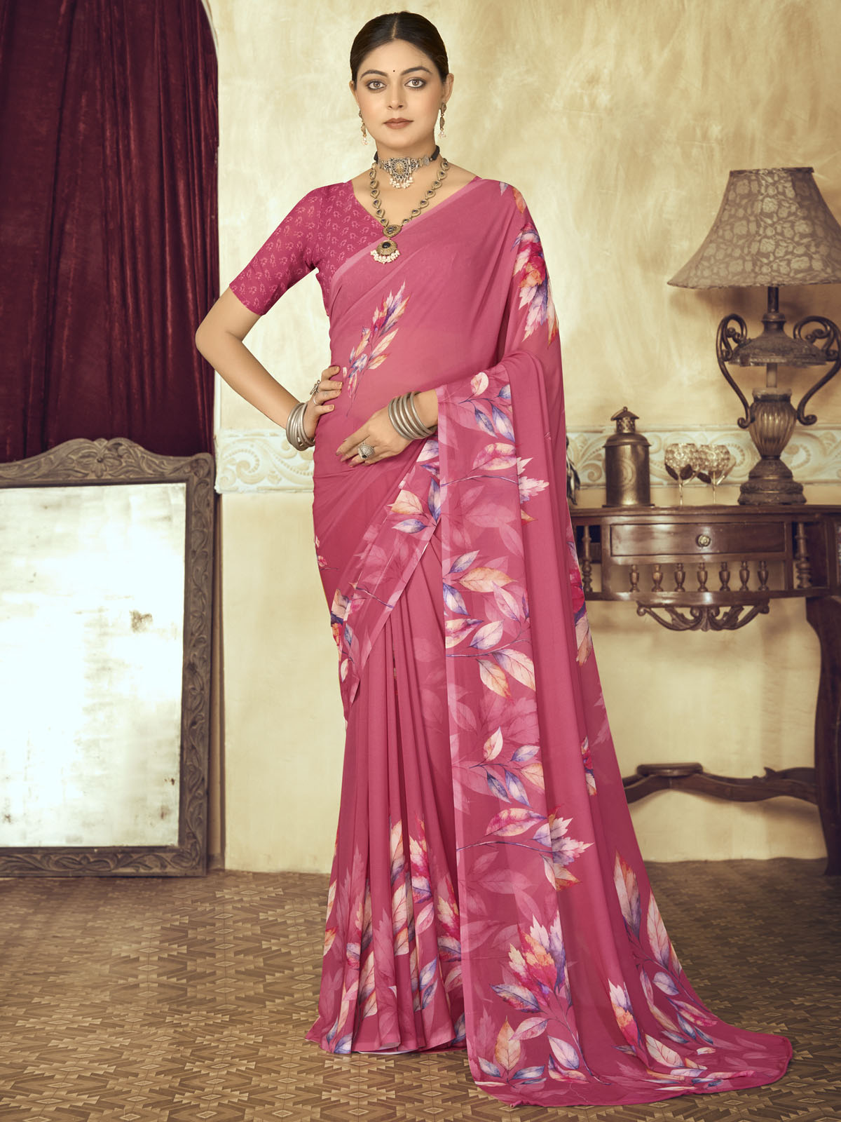 Riddhi - Coral Georgette Floral Digital Printed Saree