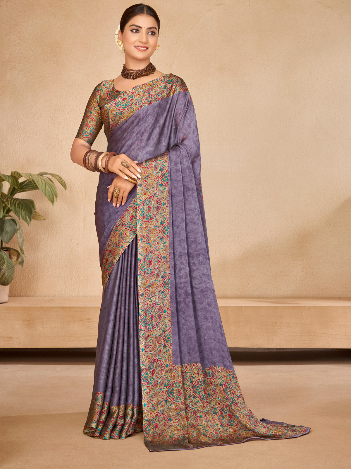 Ekvarna - Violet Printed Chiffon Saree
