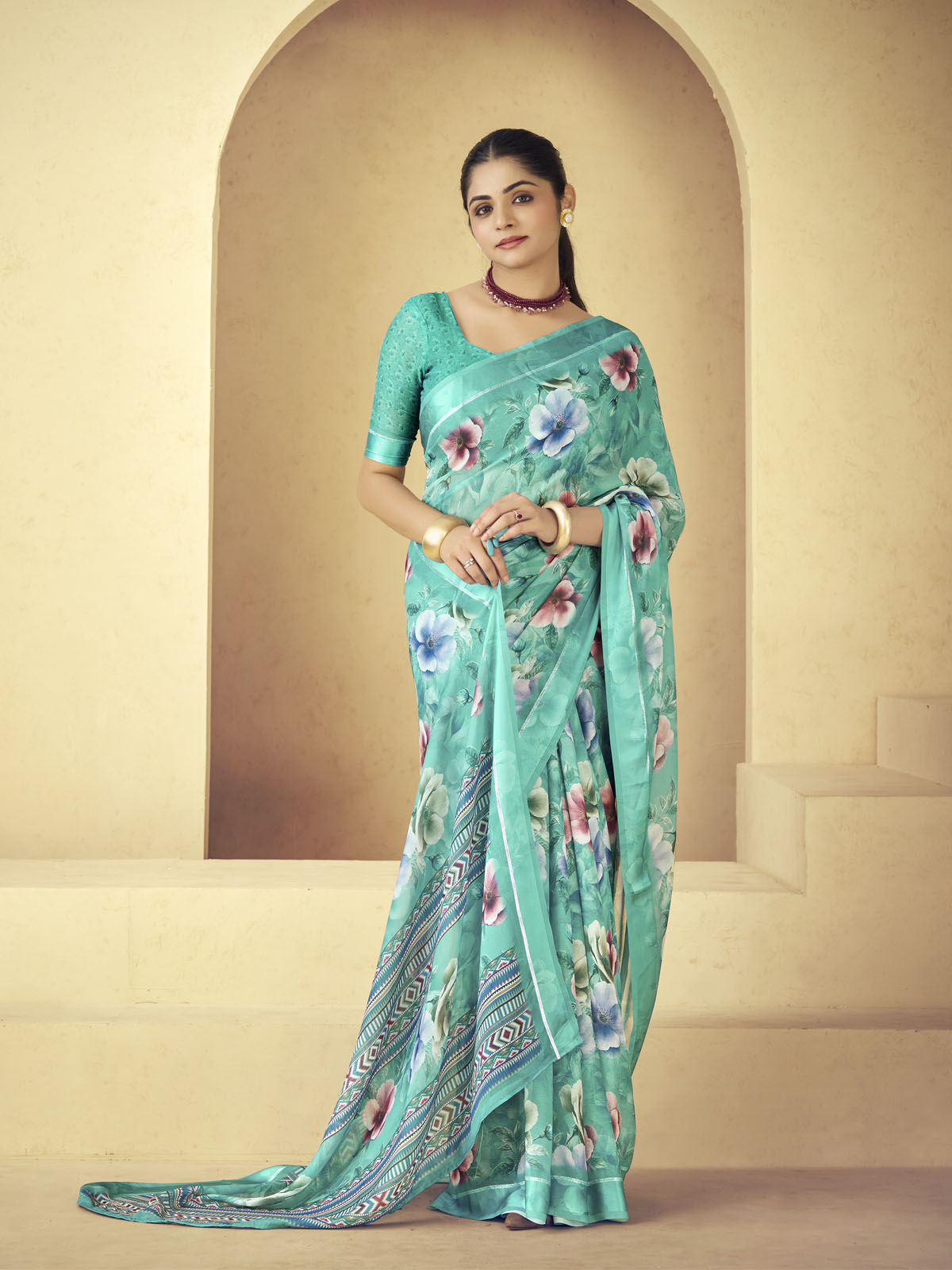 Samriddhi - Turquoise Moss Georgette Digital Print Saree with Satin Patta Border