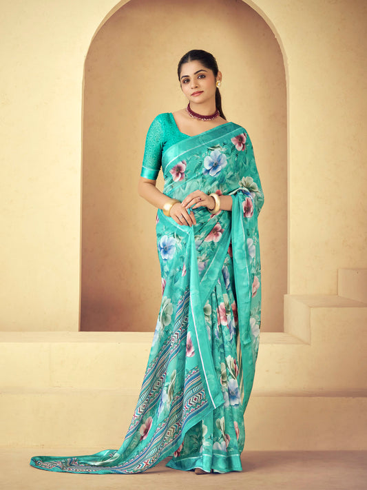 Samriddhi - Turquoise Moss Georgette Digital Print Saree with Satin Patta Border