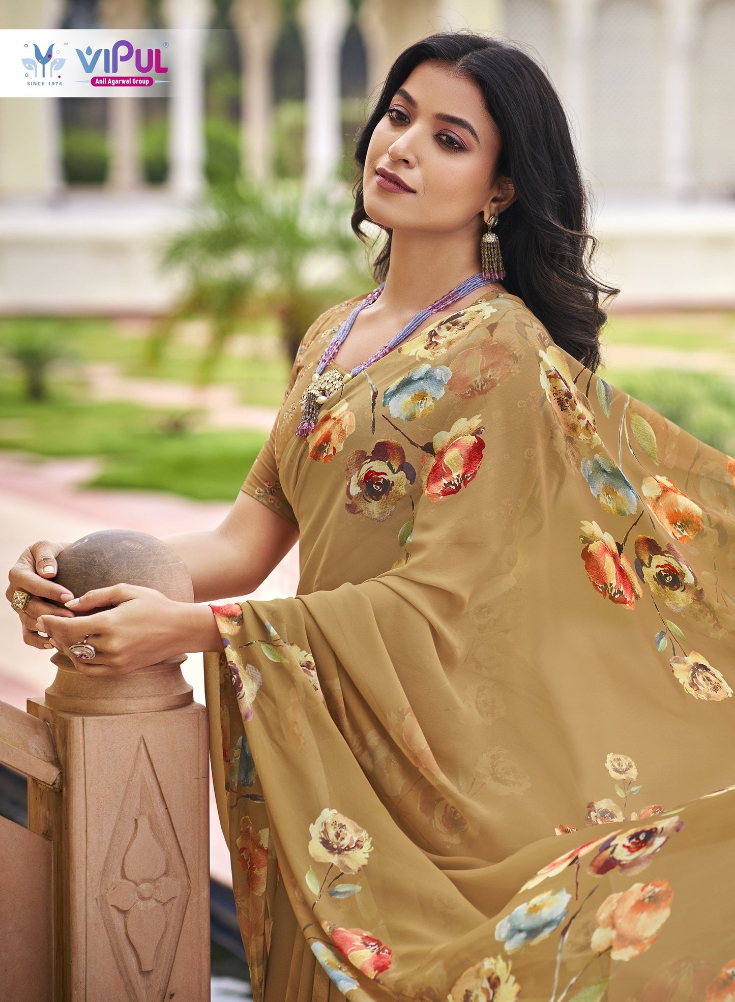Twisha - Sandy Brown Georgette Floral Digital Printed Saree