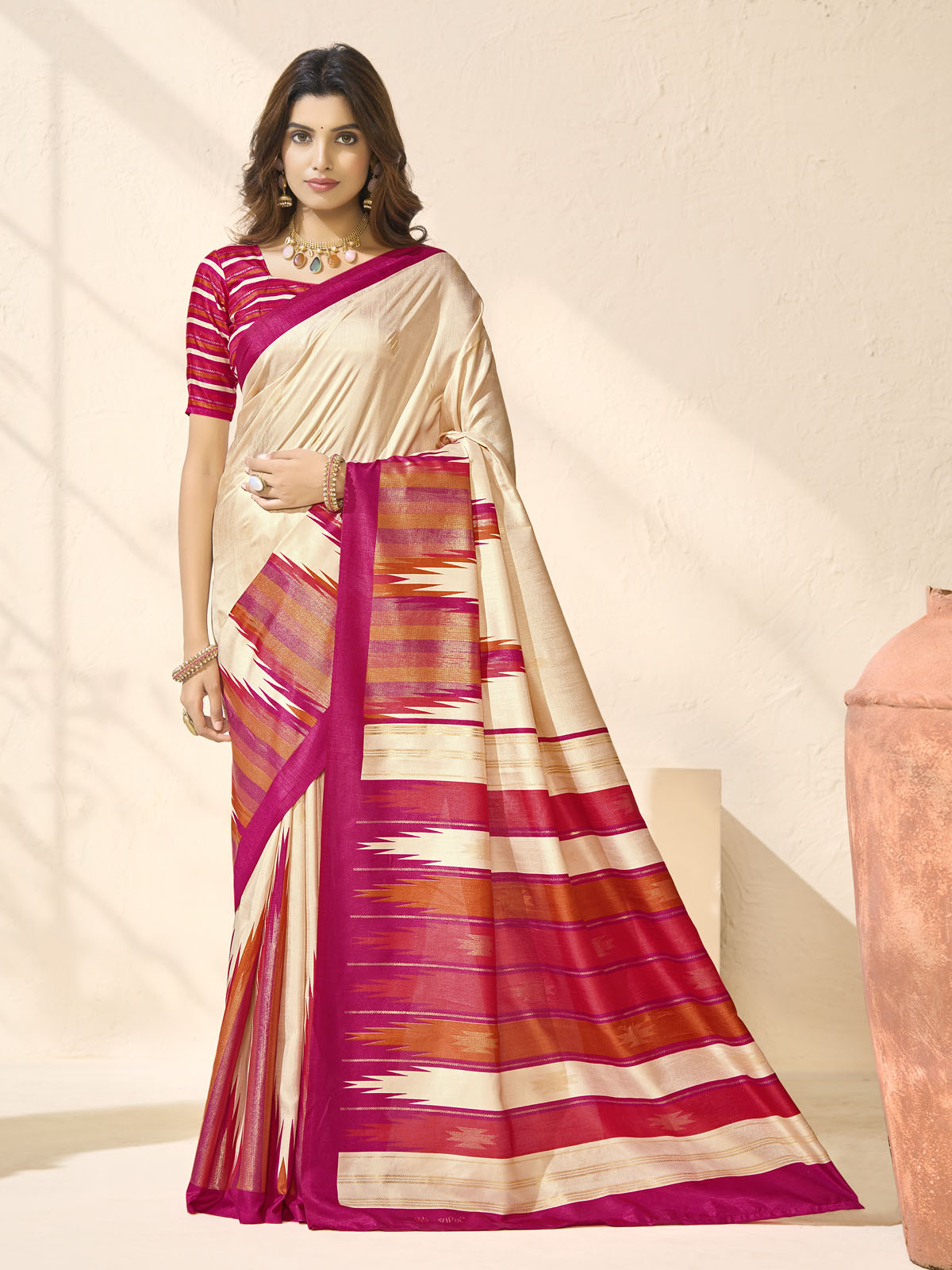 Sentosa - Cream Patola Silk Printed Saree with Figure Print