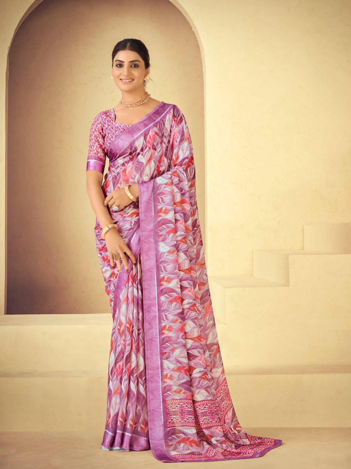 Samriddhi - Purple Moss Georgette Digital Print Saree with Satin Patta Border