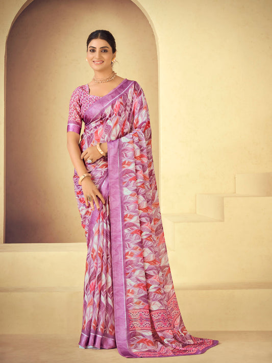 Samriddhi - Purple Moss Georgette Digital Print Saree with Satin Patta Border