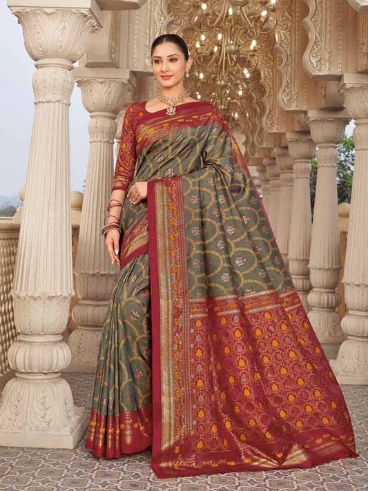 Gulmarg - Olive Green Silk Digital Printed Saree with Zari Border