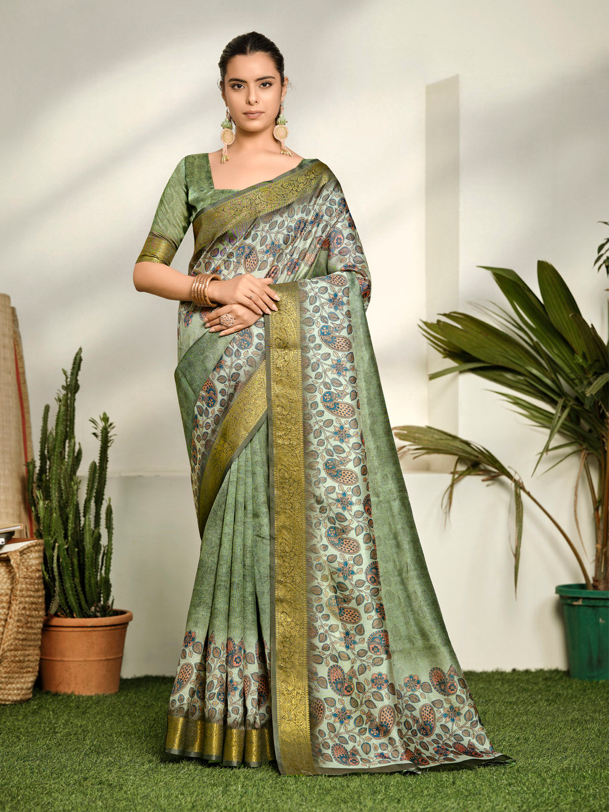 Varnika - Green Digital Printed Moss Georgette Saree with Woven Border