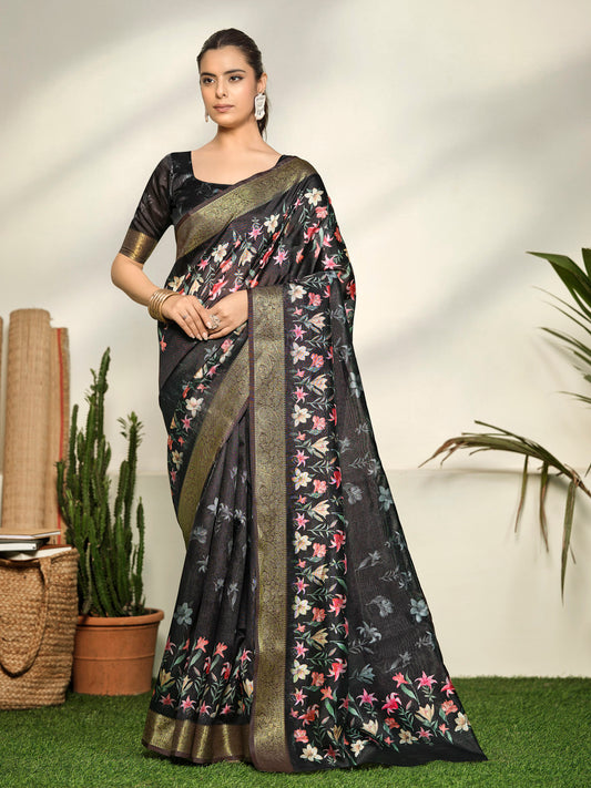 Varnika - Black Digital Printed Moss Georgette Saree with Woven Border